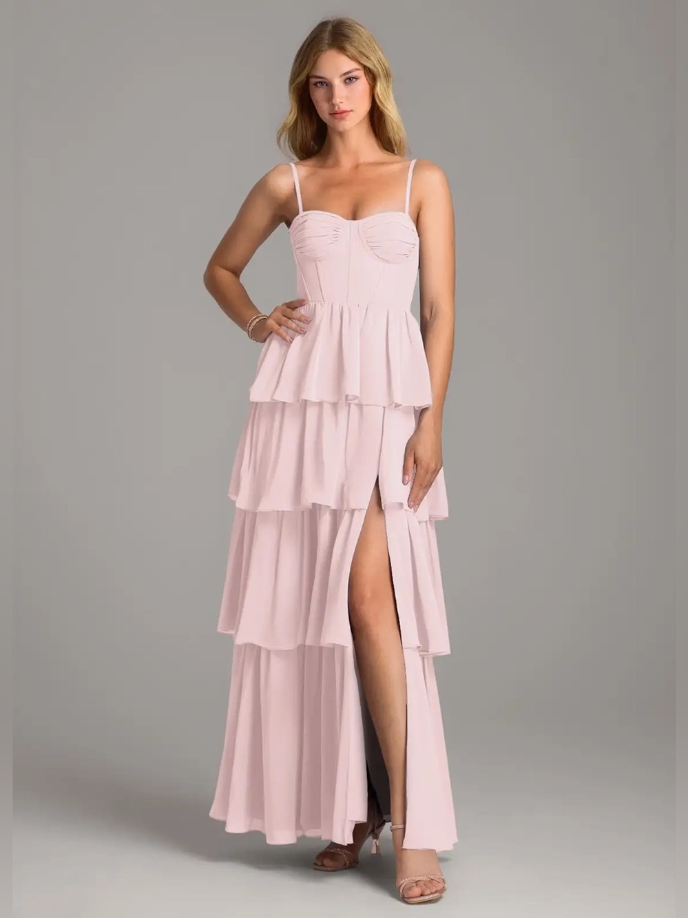 BIRDY GREY Lola Dress Chiffon Light Pink Tiered Maxi Dress w Sweetheart Neckline